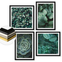 WANDBILDER 4er-Set - 50x50 cm & 40x60 cm Schwarzer Rahmen - Grüne, saftige Blätter - Schwarz, Kunststoff (50/50cm) - ArtPrintCave