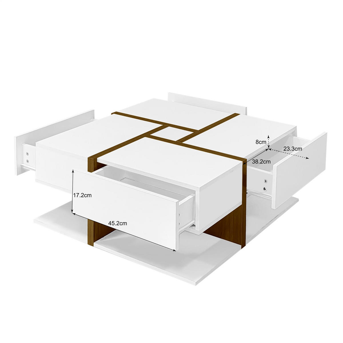 COUCHTISCH Weiß und Holzfarbe 78/78/34,8 cm 4 Schubladen - Weiß, Holzwerkstoff (78/78/34.8cm) - PANGIVO