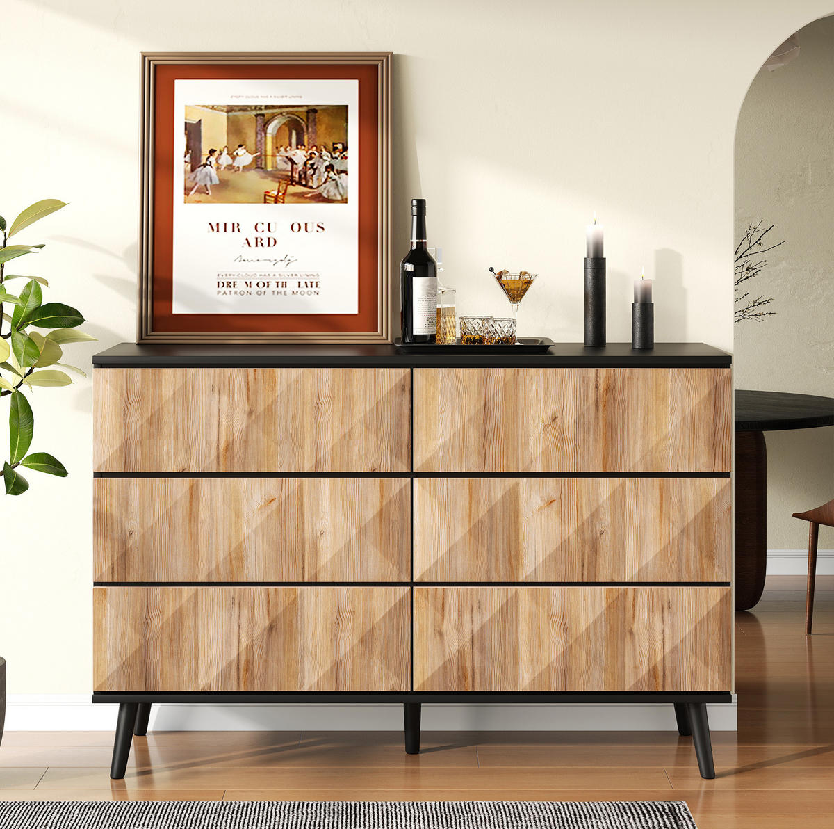 SIDEBOARD 120/40/85 cm in Schwarz/Natur mit 6 Schubladen und Metallgestell - Naturfarben, Holzwerkstoff (40/85/120cm) - Flora Grace