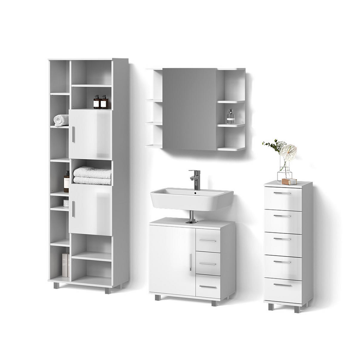 BADMÖBEL-SET Eisak Weiß Hochglanz 4 Teile - Weiß Hochglanz/Weiß, Holzwerkstoff (60/60/33cm) - Livinity®