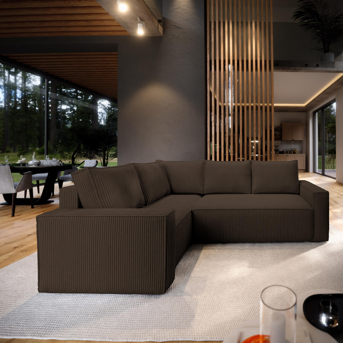 ECKSOFA ESTANO L-S Braun Kordstoff mit Schlaffunktion - Braun, Holz (230/158cm) - MASSENO