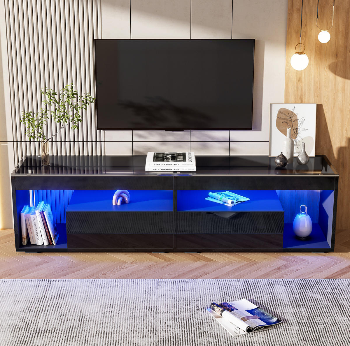 TV-SCHRANK in Hochglanz Schwarz mit LED und 2 Schubladen 180/40/46 cm - Schwarz, Holzwerkstoff (180/46/40cm) - Redom