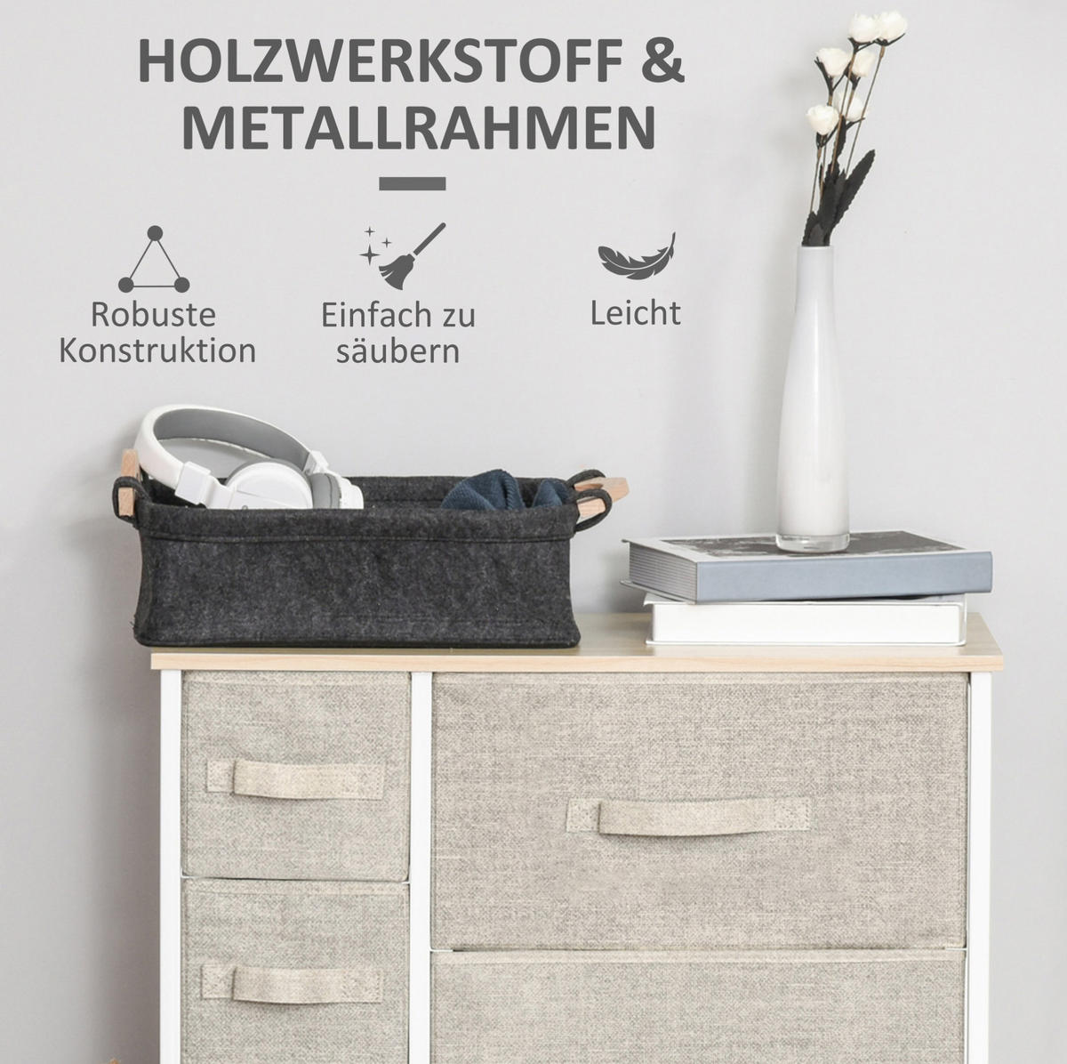 KOMMODE 30/63,5/71 cm mit 7 Stoffschubladen und Ablage, Stahl, Hellgrau - Hellgrau, Metall (63.5/71/30cm) - Redom