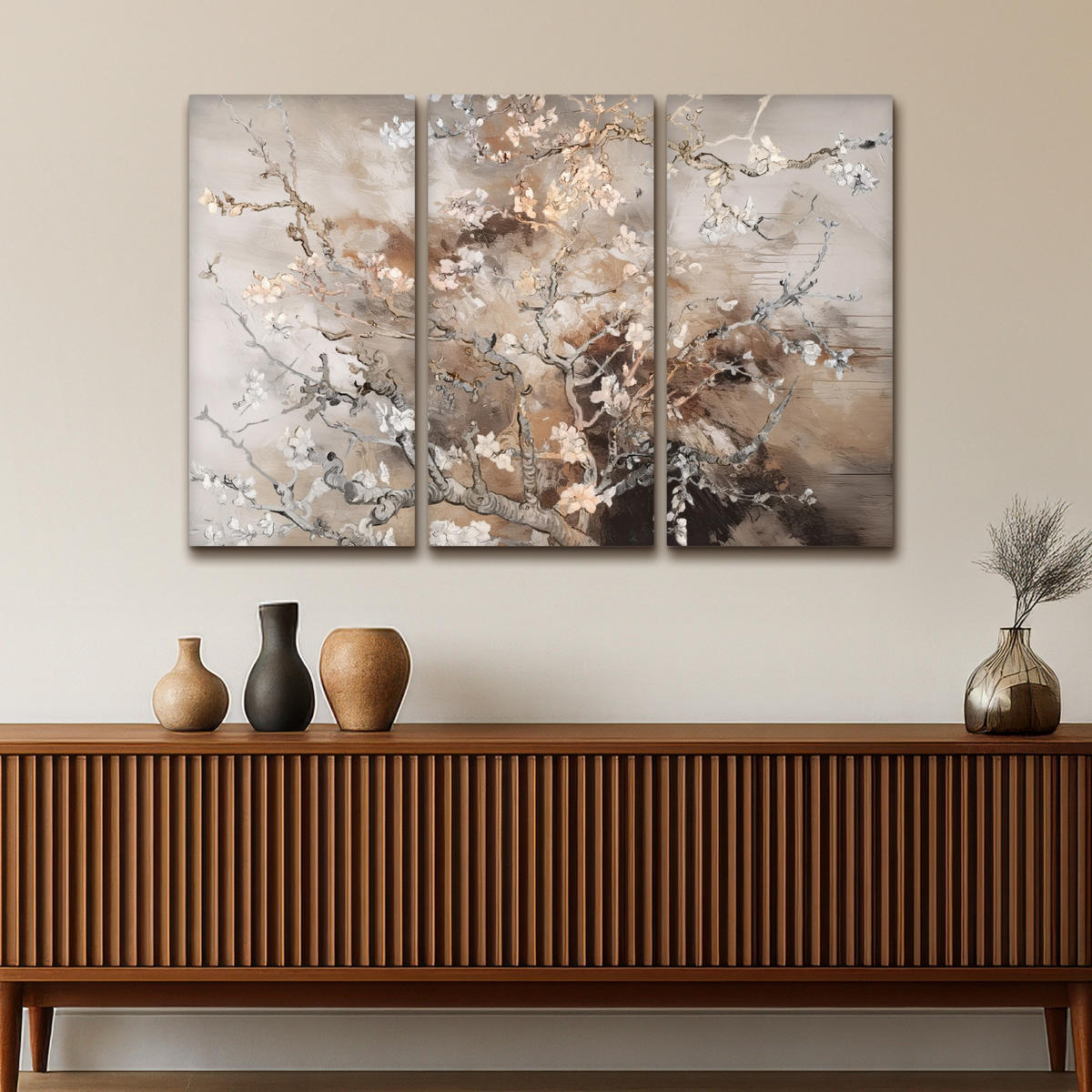 LEINWANDBILD 3er Set Mandelblüte - Abstrakt - Beige 120x80 cm - Beige, Textil (120/80cm) - MuchoWow