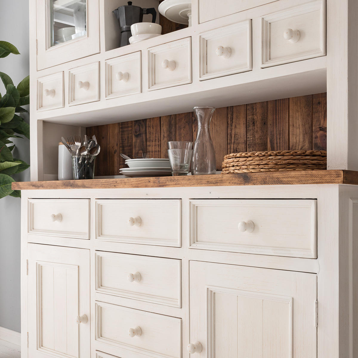 BUFFETSCHRANK - Kiefer massiv - Weiß/Kieferfarben, Holz (159/200/40cm) - home24