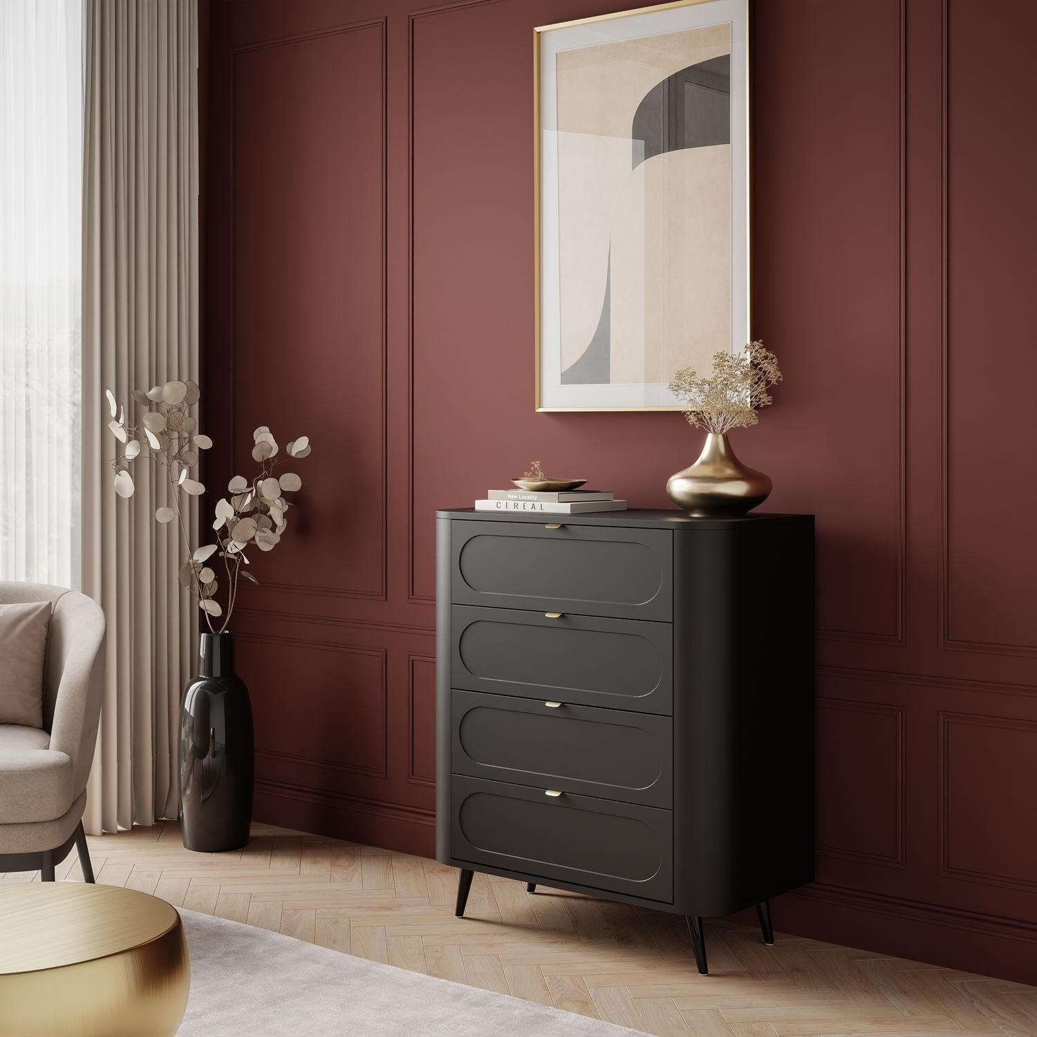 KOMMODE SHADOW II 4S mit Schubladen - Schwarz, Holzwerkstoff (78/91/40cm) - Lookway