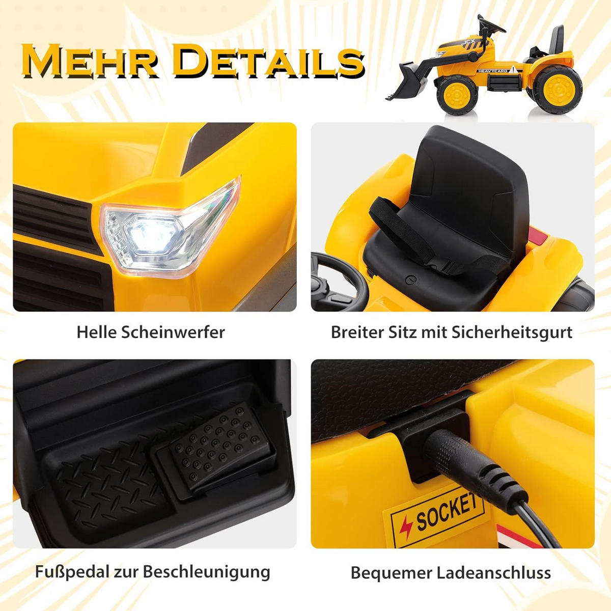 SITZBAGGER 12V Kinder Gelb - Gelb, Kunststoff (58/59/114cm) - COSTWAY