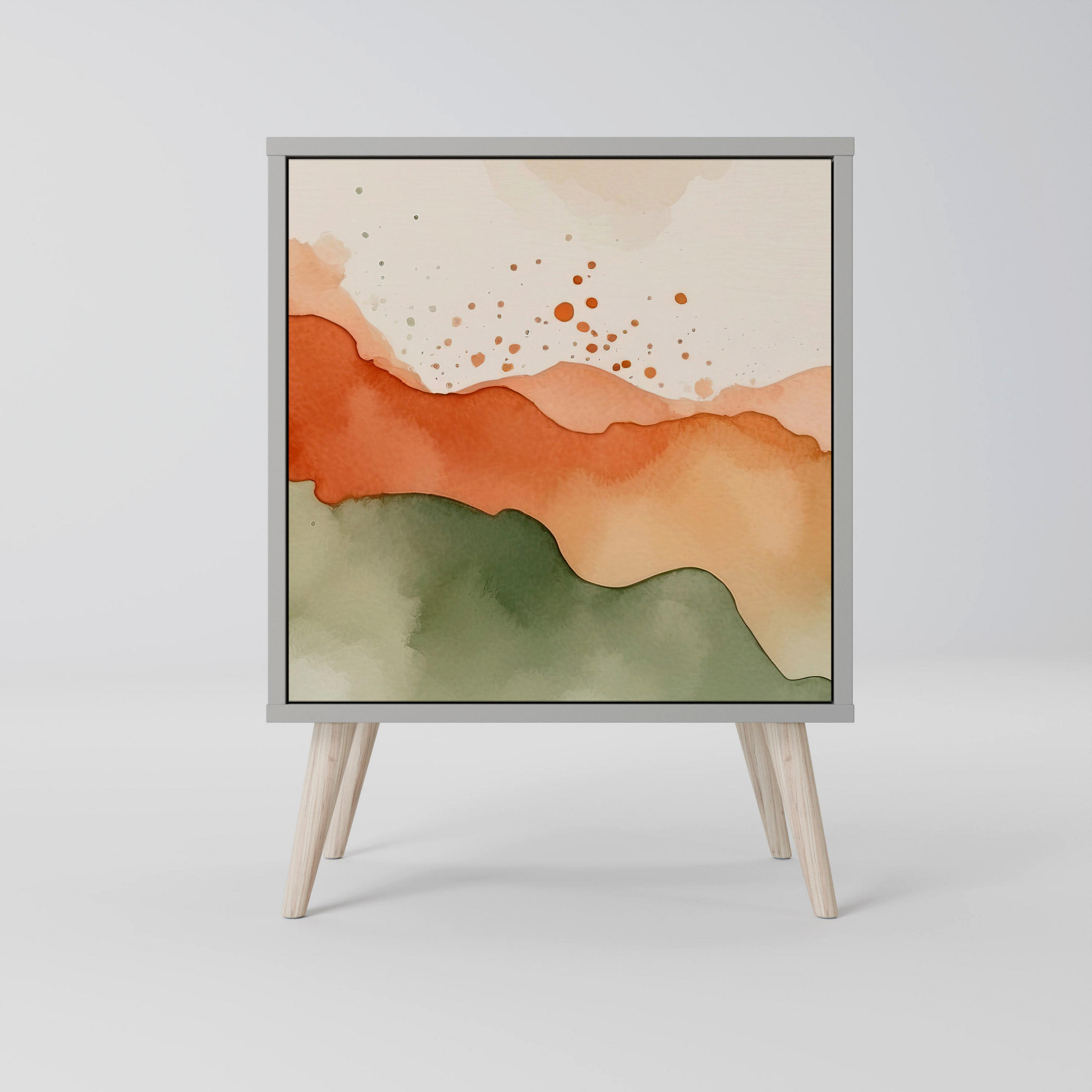 SIDEBOARD WATERCOLOUR PEAKS, Grau, 57,5x42x77,5 cm, Schräge Buchenholzfüße - Buchefarben/Multicolor, Holzwerkstoff/Buchenholz (57.5/77.5/42cm) - SpaceRebels