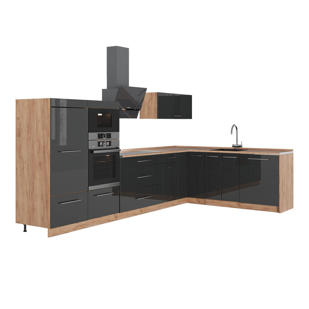 ECKKÜCHE Fame-Line, Dunkelgrau/Goldkraft Eiche, 347 x 207 cm, AP Eiche - Honigeiche/Dunkelgrau, Holzwerkstoff (347/153.6/60cm) - Vicco