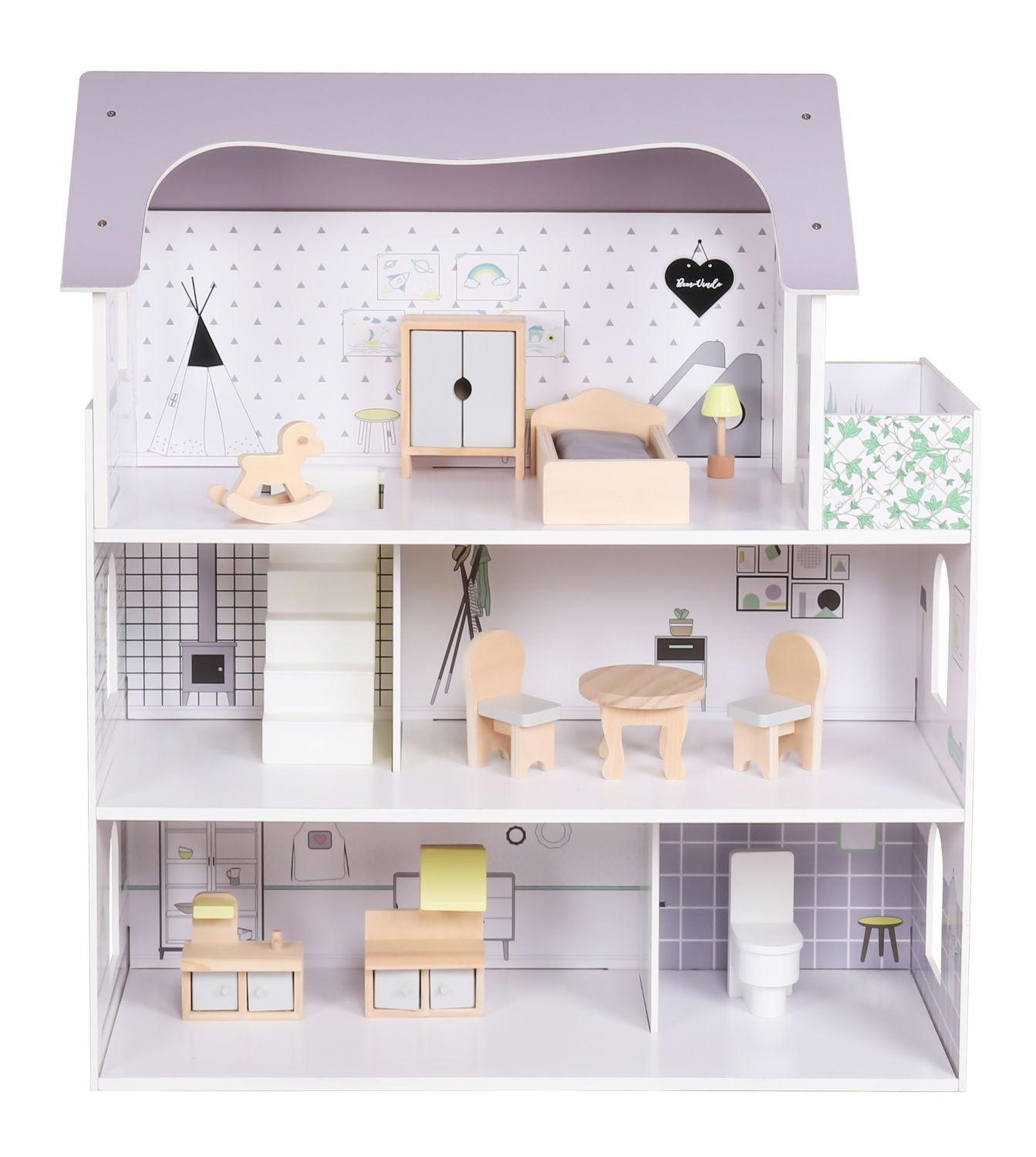 PUPPENHAUS ANNA Puppen Villa möbliert 3 Etagen - Grau, Holz (62/70/27cm) - Coemo