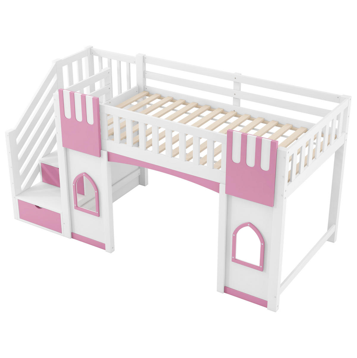 HOCHBETT 90/200 cm aus MDF, Kiefer und Sperrholz mit Stauraumtreppe und Fenstern Weiß/Rosa - Weiß, Holzwerkstoff (90/200cm) - Modenvie
