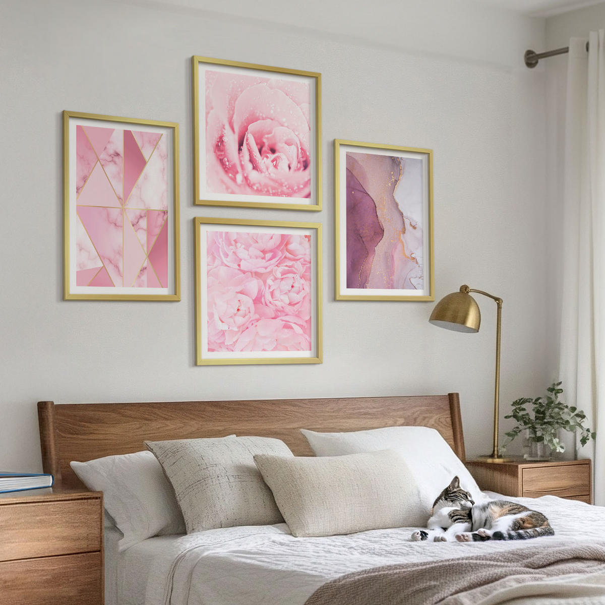 BILDER SET 4er Set - 50x50 cm & 40x60 cm Goldrahmen - Rosa geometrische Pfingstrosen - Goldfarben, Kunststoff (50/50cm) - TULUP