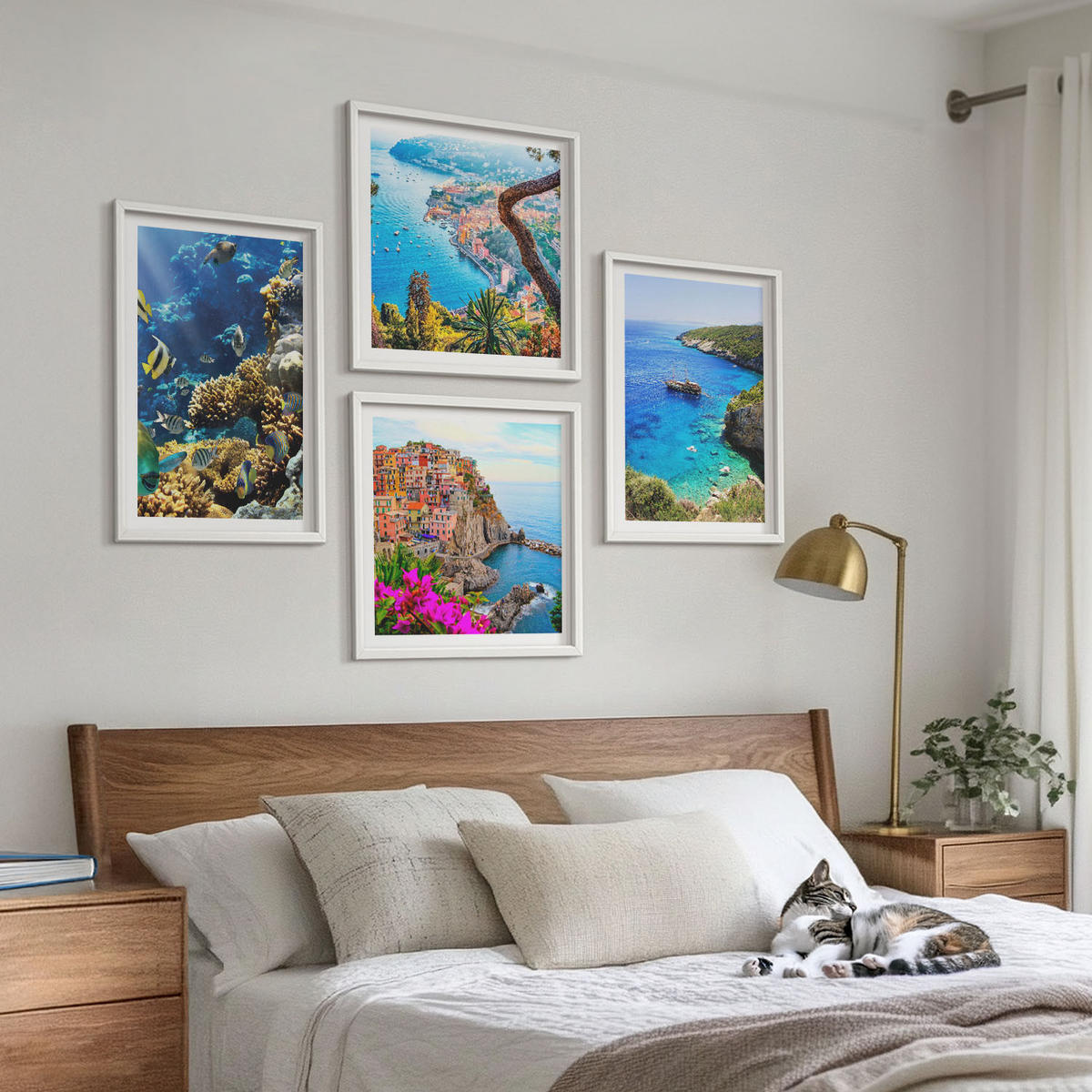 BILDER SET 4er Set - 50x50 cm & 40x60 cm Weißer Rahmen - Meerblick, farbenfrohe Häuser - Weiß, Kunststoff (50/50cm) - TULUP