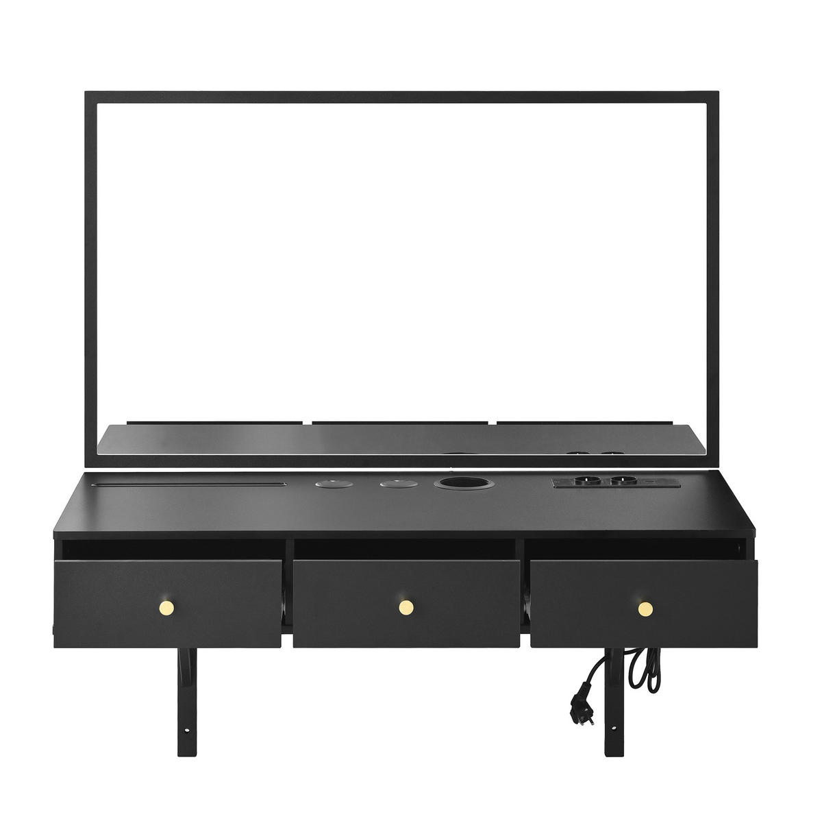 SCHMINKTISCH aus Spanplatte 100x45x105 cm Schwarz mit Spiegel, 3 Schubladen und Steckdosenleiste - Schwarz, Holzwerkstoff (100/105/45cm) - Modfu