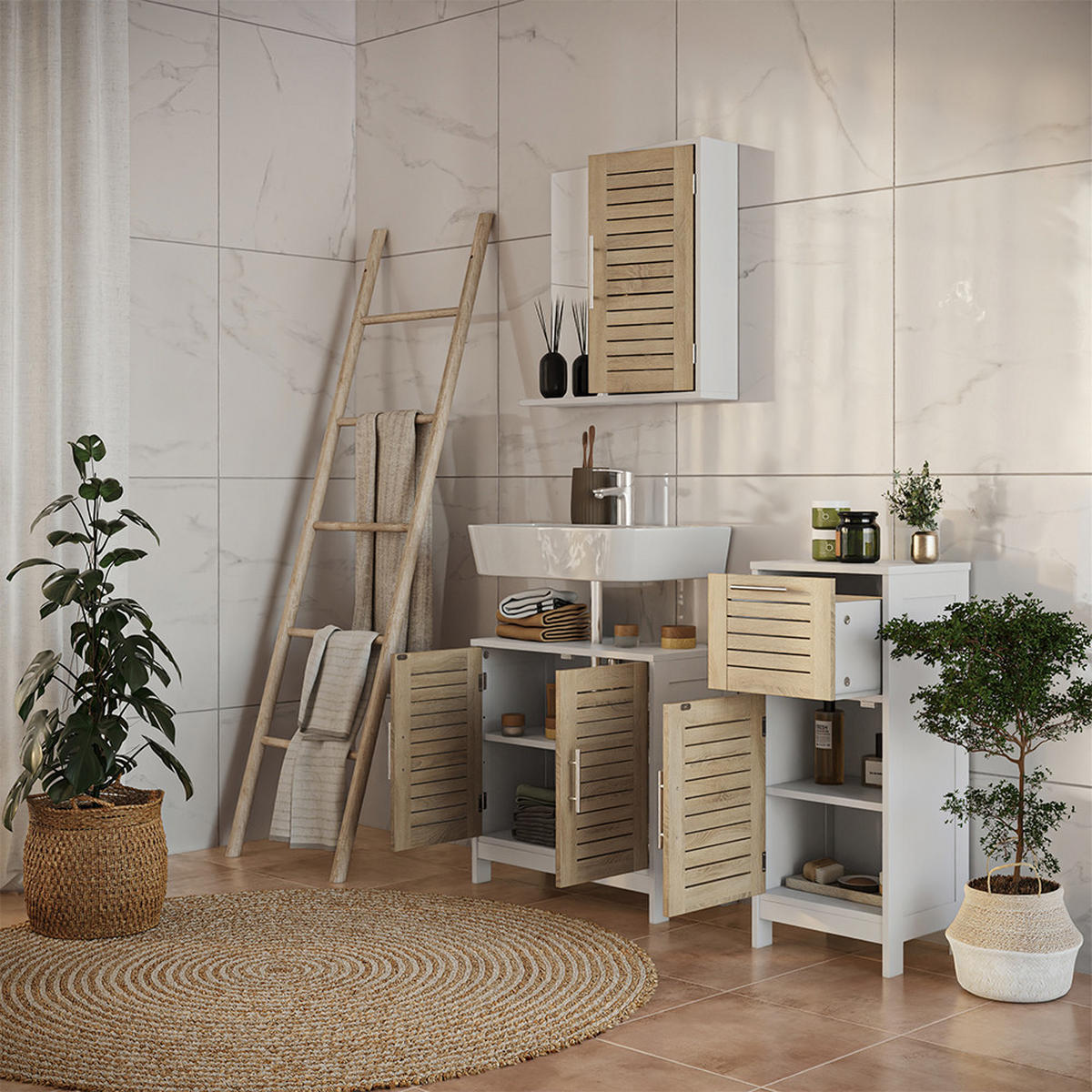 BADMÖBEL-SET Looma Weiß/Eiche 3 Teile - Weiß, Holzwerkstoff (60/60/29.6cm) - Vicco