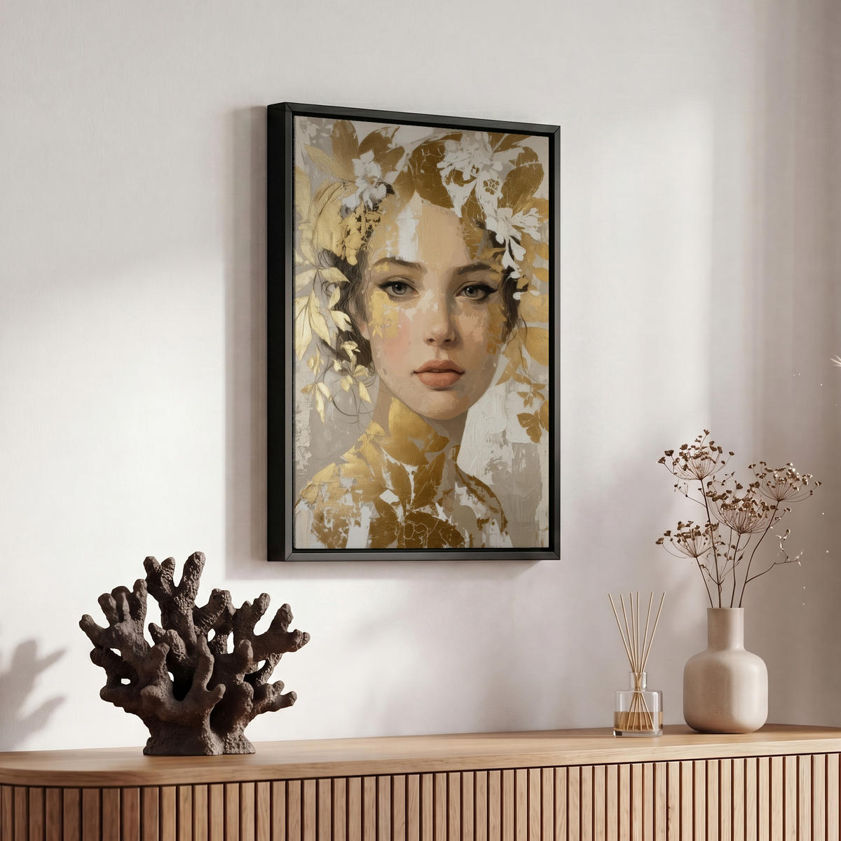 LEINWAND Bilder mit Rahmen - Gesicht - Frau - Blätter - Gold - 20x30 - Beige, Textil (20/30cm) - MuchoWow