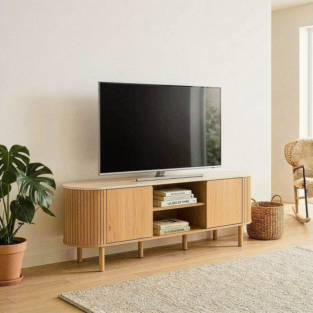 TV-MÖBEL 2 Türen mit Travertin-Dekorplatte B140 cm - HELIOS - Eschefarben, Holzwerkstoff (40/52/47.5cm) - Calicosy