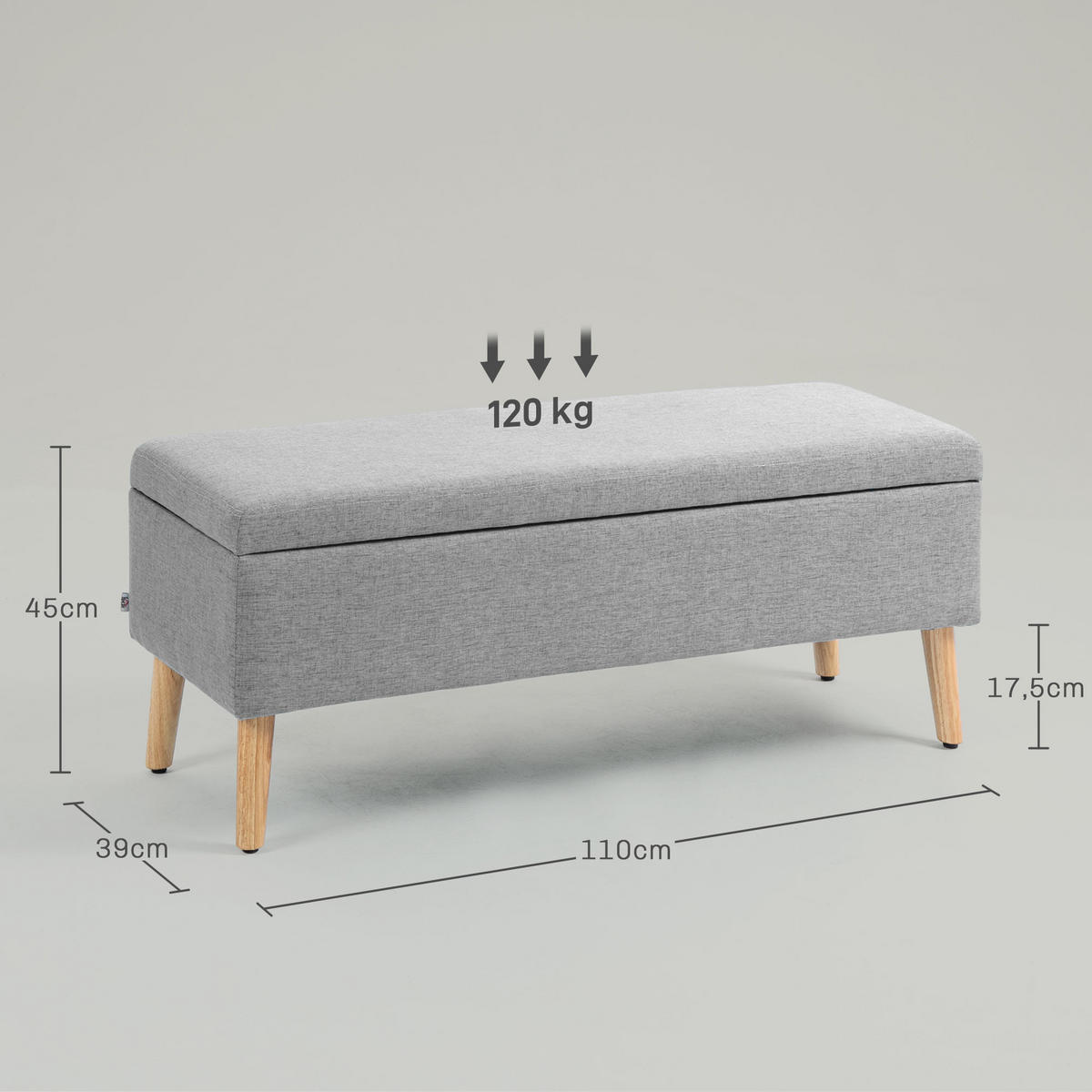 SITZBANK Polsterbank mit Stauraum scandinavia Truhenbank Polyester Holz Grau - Grau, Kunststoff (39/45/110cm) - HOMCOM