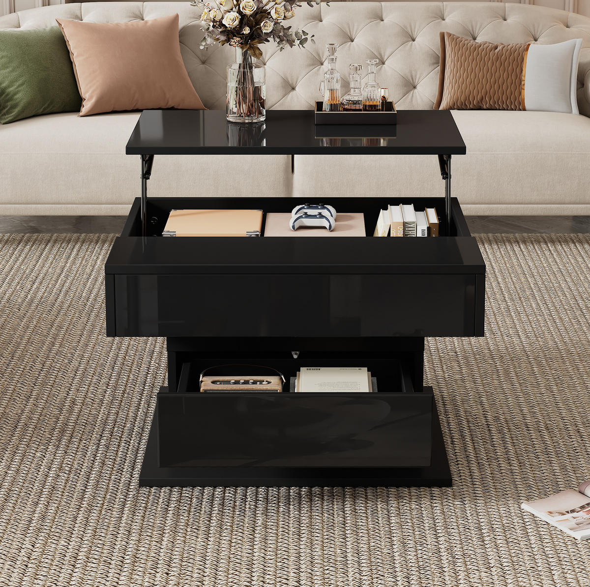 COUCHTISCH 70/70/45 cm schwarz aus Spanplatte mit Hebefunktion und 360° Drehplatte - Schwarz, Holzwerkstoff (70/70/45cm) - OKMYHOME