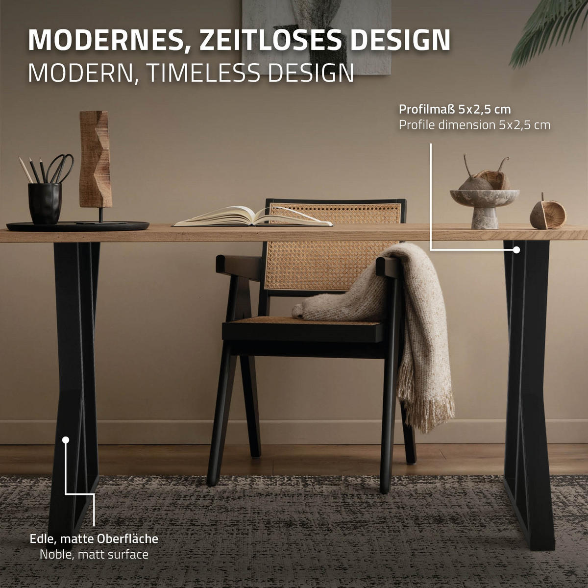 TISCHBEINE 2er Set 50xH71 cm X-Form, Schwarz - Schwarz, Metall (50/71/8cm) - ML-DESIGN