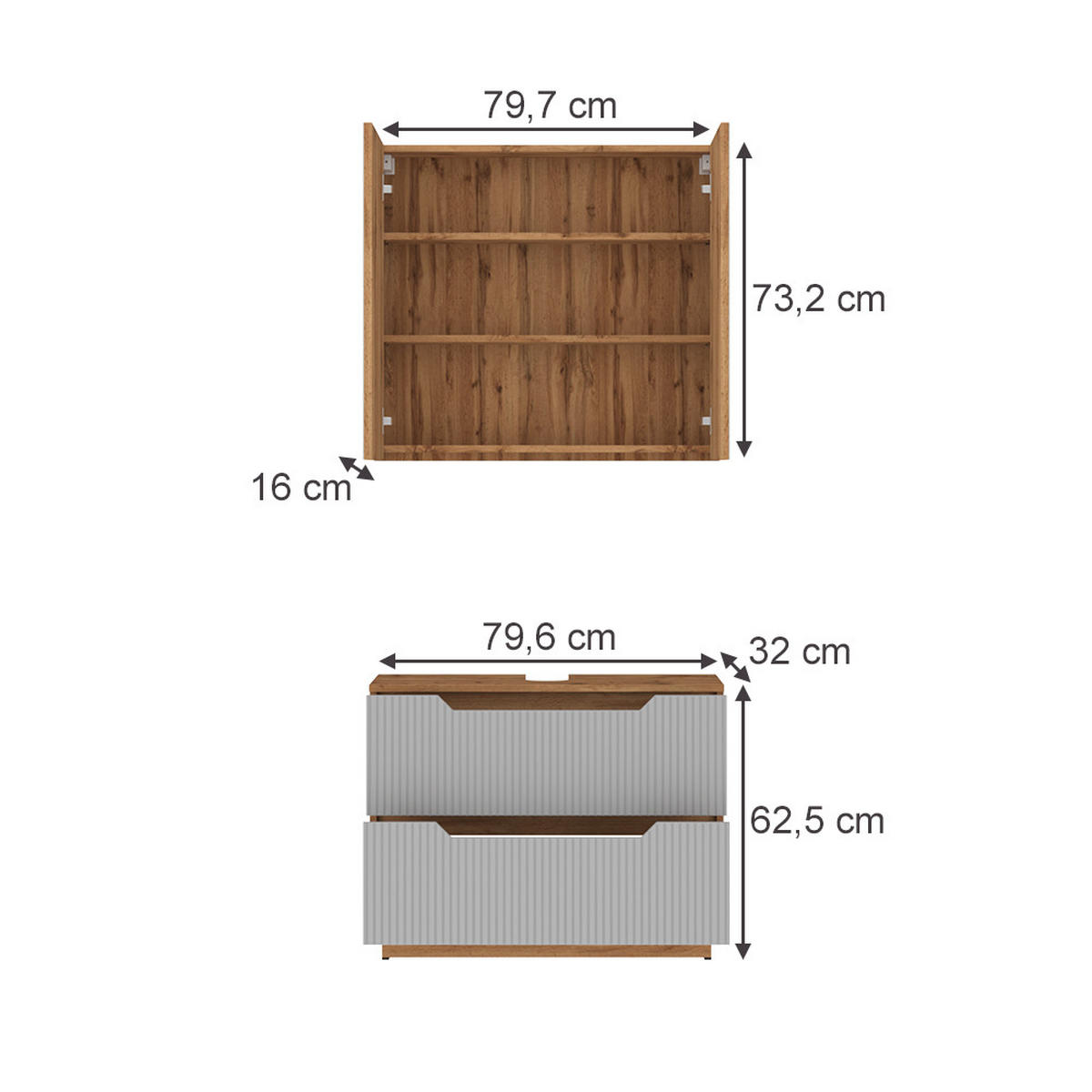 BADMÖBEL-SET Lotta Eiche/grau gestreift 2 Teile - Eichefarben/Grau, Holzwerkstoff (79.6/62.5/32cm) - Vicco