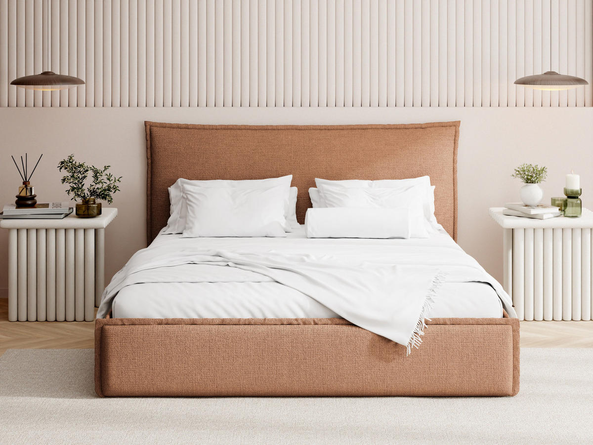 POLSTERBETT Pillow mit Bettkasten, Lattenrost & hohem Kopfteil in Orange Chenille 120x200 cm - Birkefarben/Schwarz, Holz/Kunststoff (120/200cm) - WFL GROUP