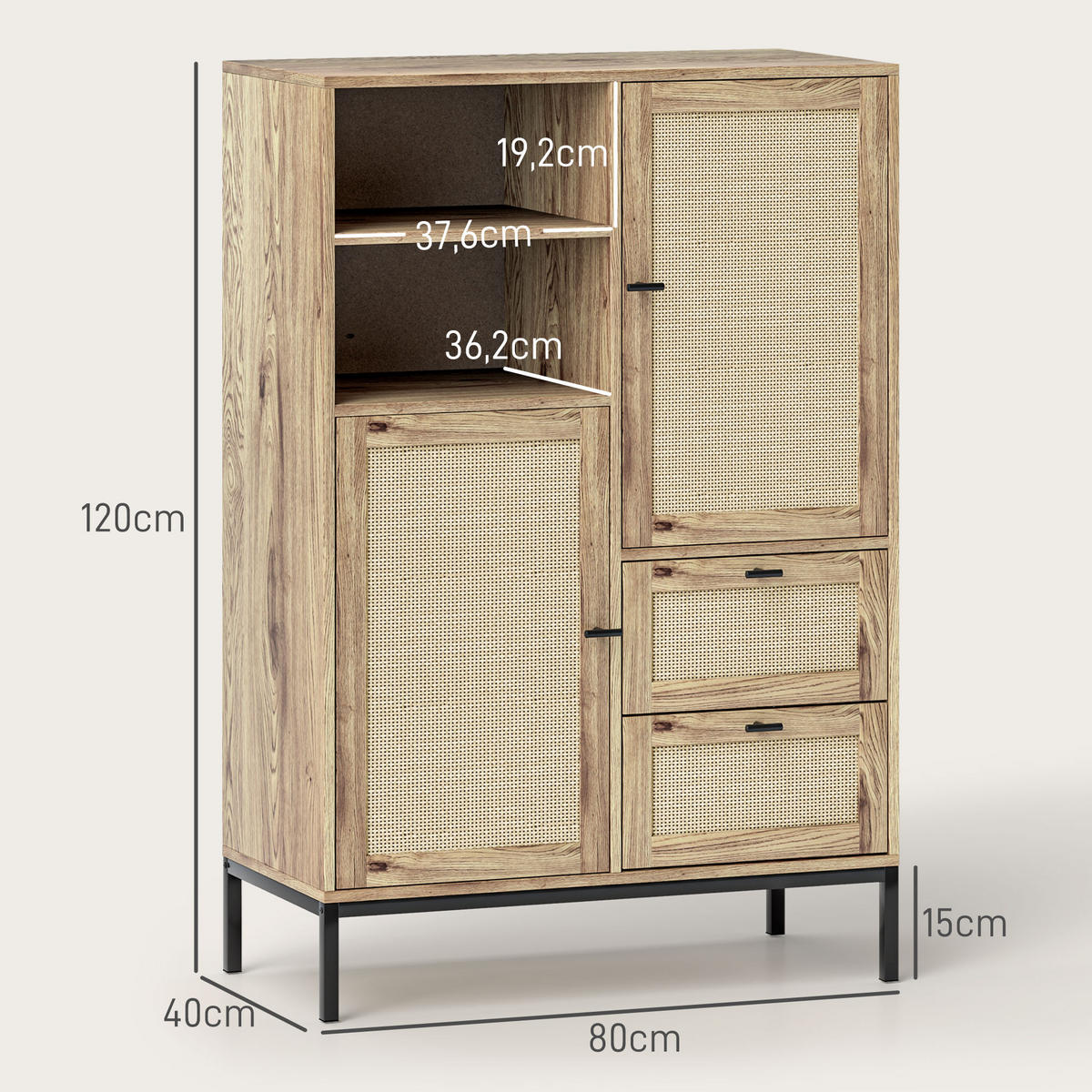 KOMMODE mit Rattan-Türen, Metallrahmen - Naturfarben, Holzwerkstoff (80/120/40cm) - HOMCOM