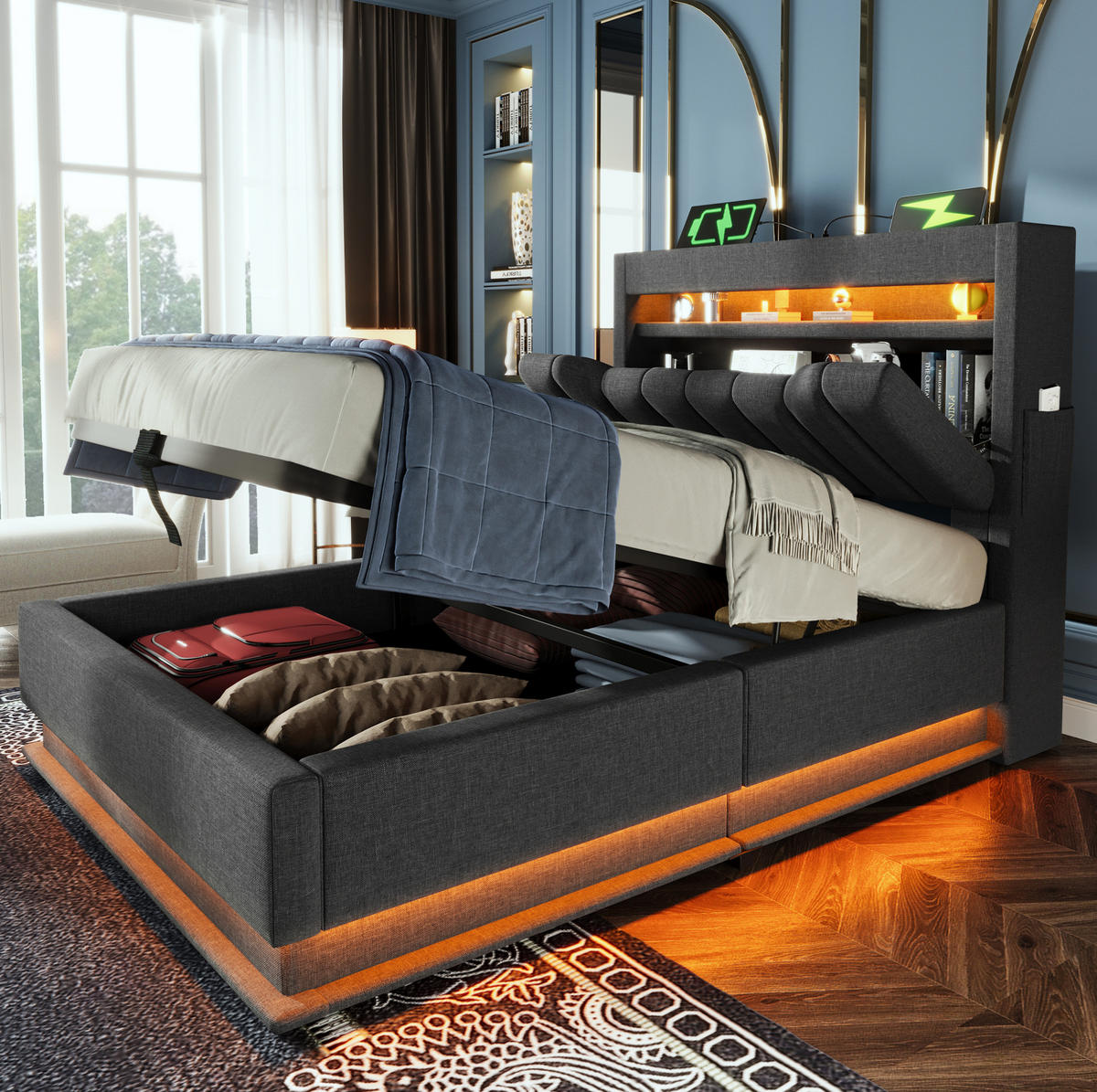 POLSTERBETT mit Stauraum und LED 90x200 cm Leinen Grau - Grau, Metall (90/200cm) - Meubliv