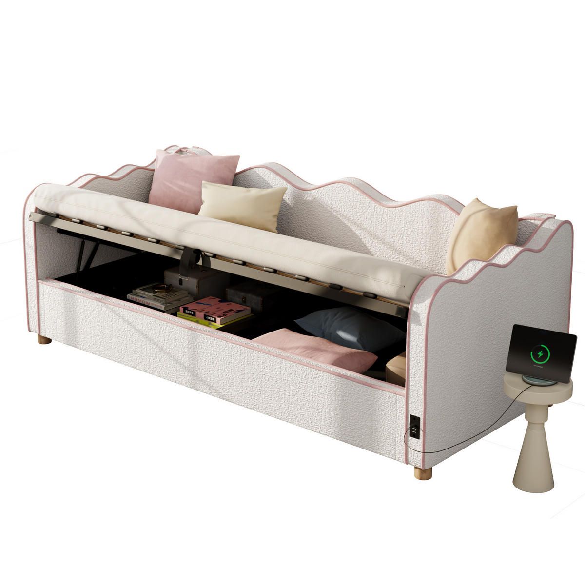 POLSTERBETT 90/200 cm aus Bouclé mit hydraulischem Stauraum und USB-Anschluss Beige - Beige, Textil (90/200cm) - Modenvie
