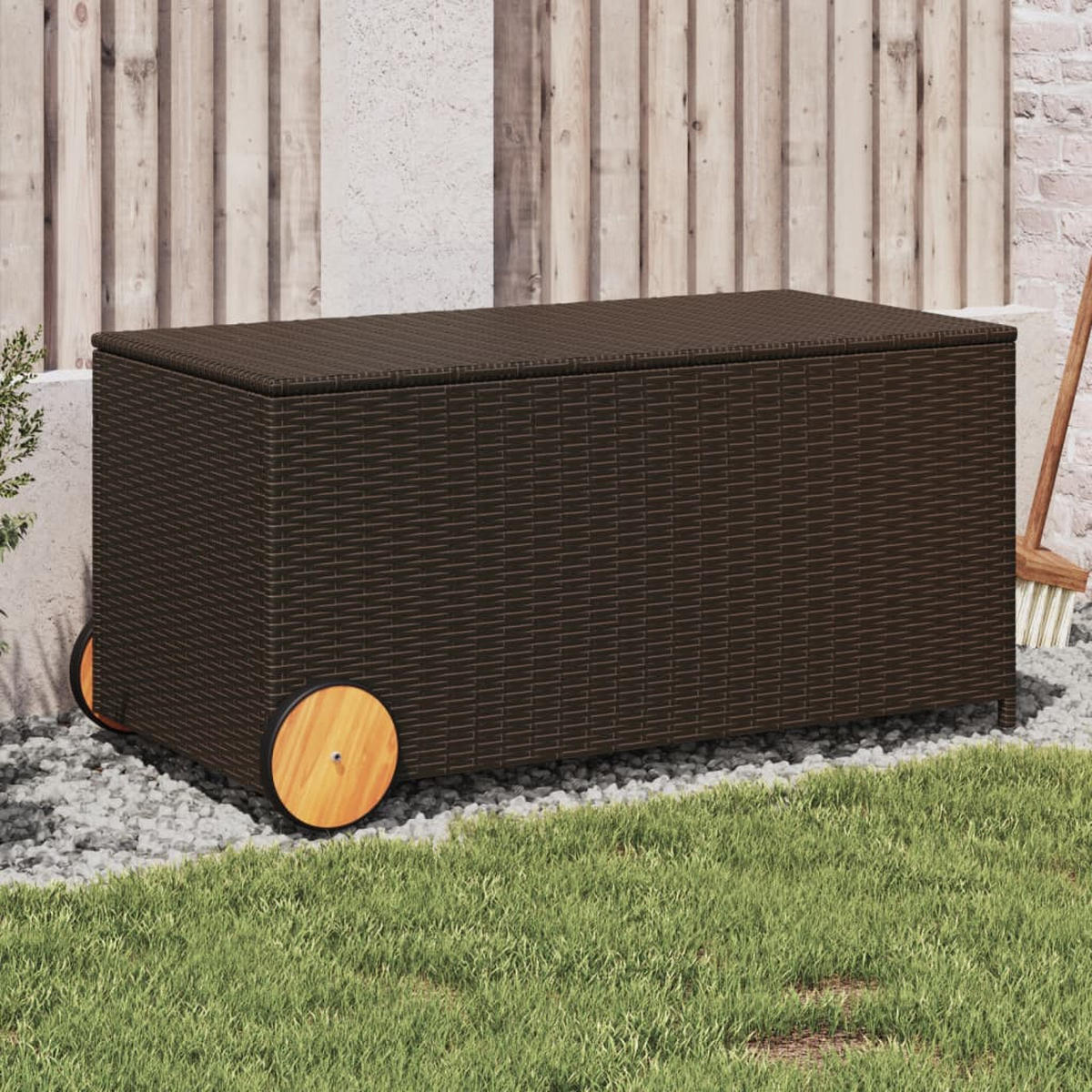 GARTENTRUHE mit Rollen Braun 190L Poly Rattan - Braun, Kunststoff (107/100/55cm) - furnicato