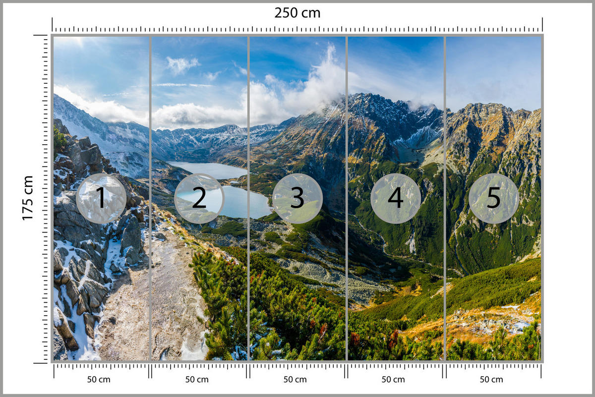 FOTOTAPETE für Wohnzimmer Tal der Fünf Polnischen Seen Gebirge 250x175 - Blau/Gelb, Papier (250/175cm) - Muralo