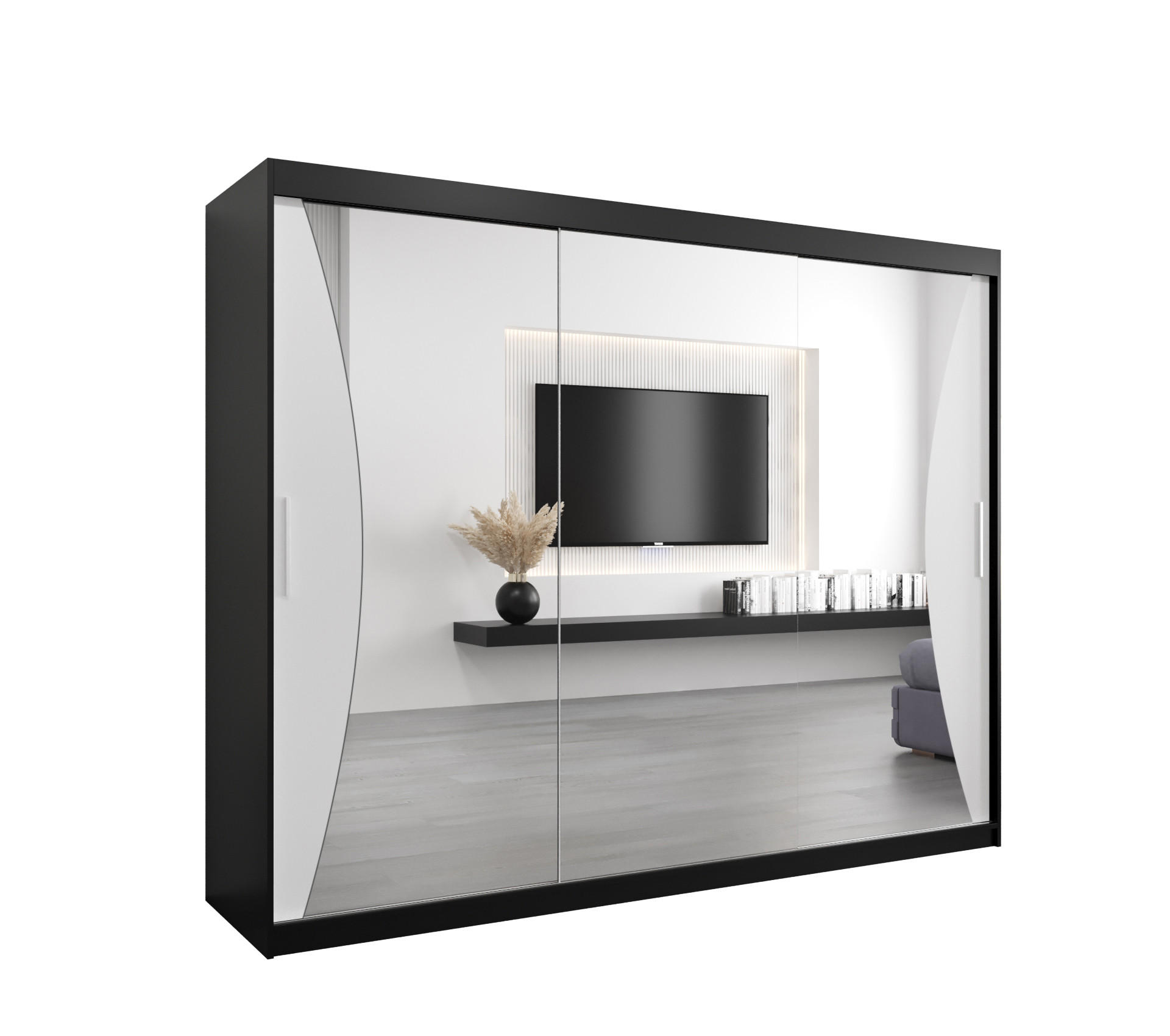 Abiks Möbel Schwebetürenschrank Schwarz, Weiß 250x200x62 cm