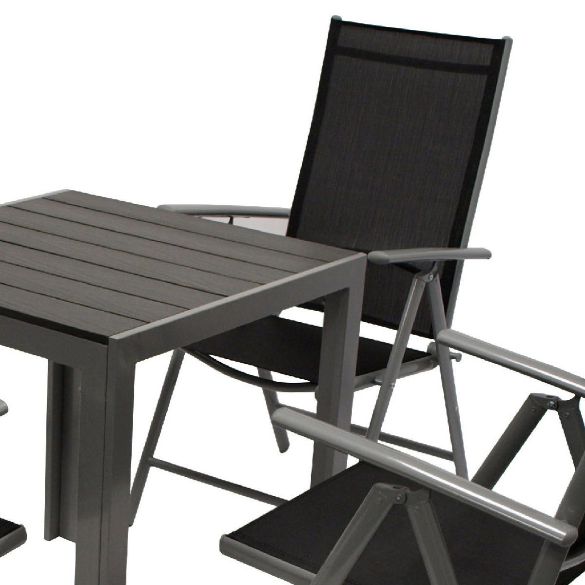 GARTEN-GARNITUR Ashford - 5-teilige Garten-Essgruppe (4x Klappsessel mit Armlehnen, 1x Tisch 70x70cm), Gestelle aus Aluminium grau - Schwarz, Metall - TPFGarden