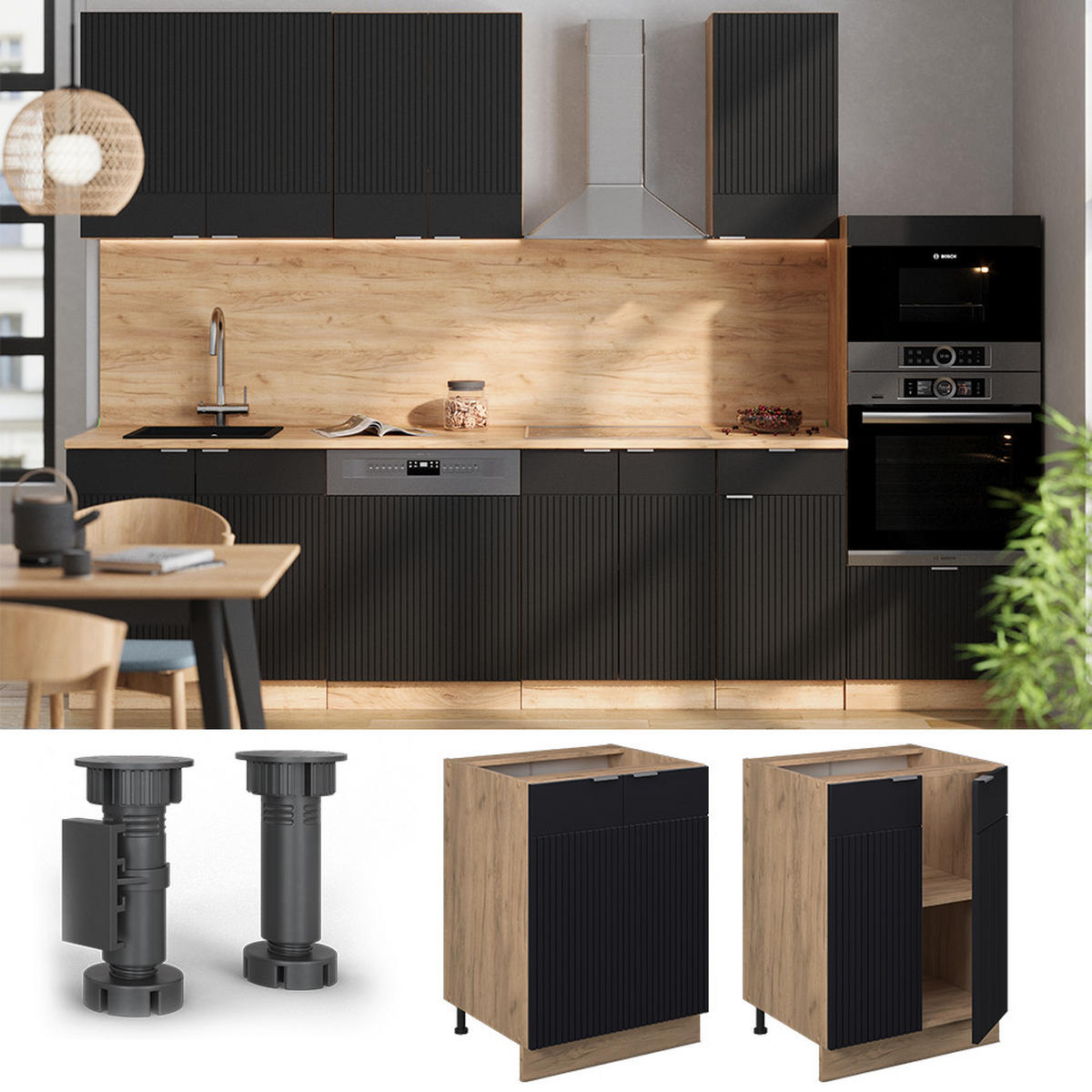 KÜCHENUNTERSCHRANK Fame-Line, Schwarz gestreift, 60 cm ohne Arbeitsplatte - Honigeiche/Eiche Wotan, Holzwerkstoff (60/82/51.6cm) - Vicco