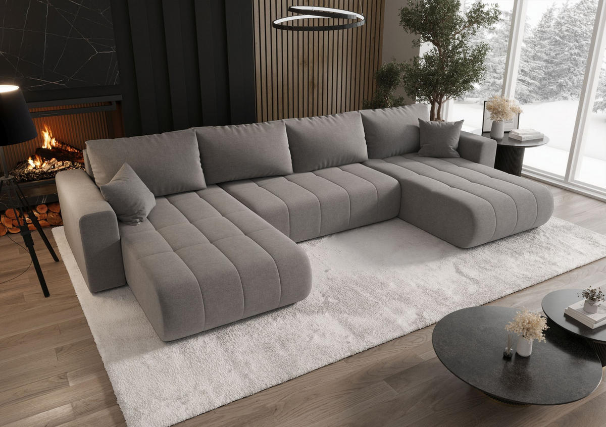 SEDACÍ souprava LARA tvar U tmavě béžová pletená tkanina Wind 21 - funkce spaní, úložný prostor - krémová, textil (385/85/175cm) - Cornero