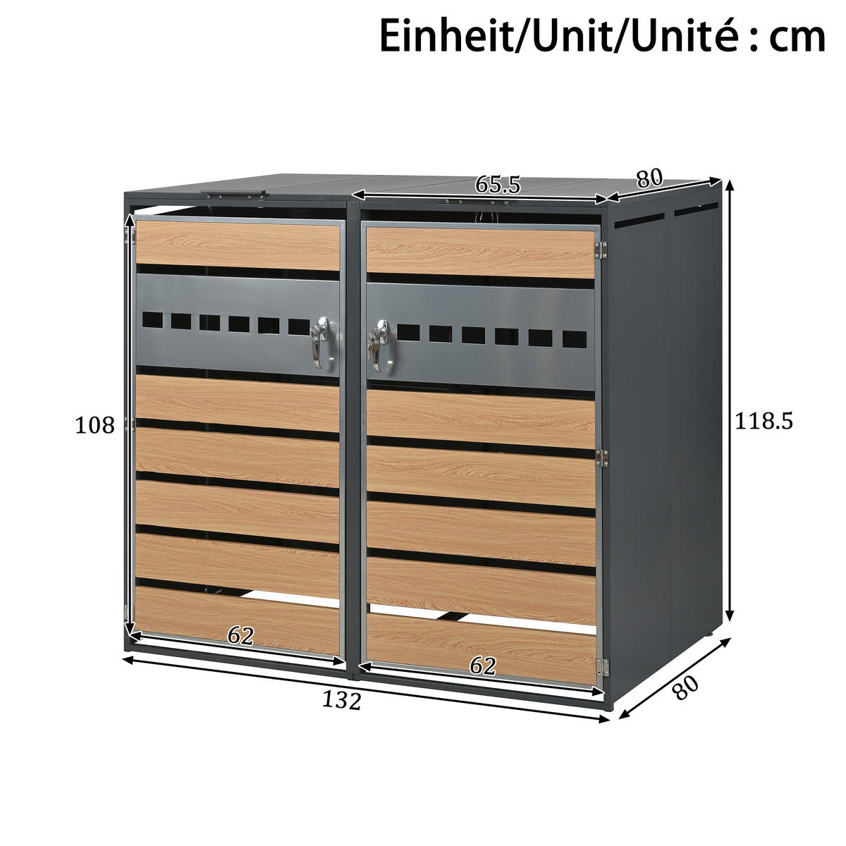 MÜLLTONNENBOX Zwei Türen Holzmaserung/Grau - Braun, Metall (132/118.5/80cm) - ComfortXL