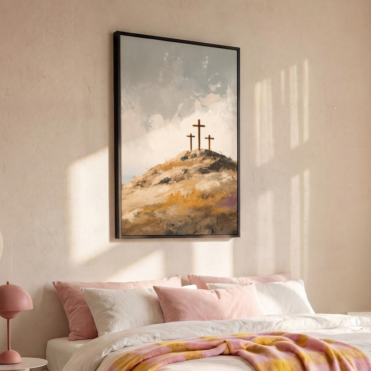 LEINWAND Bilder mit Rahmen - Hügel - Abstrakt - Christentum - Kreuz - 80x120 - Hellgrau, Textil (80/120cm) - MuchoWow