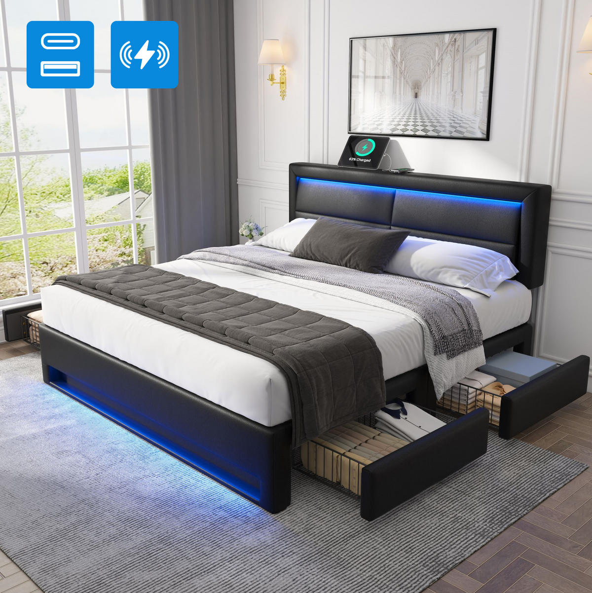TAPECIRANI krevet 140/190 cm s LED osvjetljenjem, USB punjenjem i 4 ladice, Crna - crna, plastika (140/190cm) - Redom