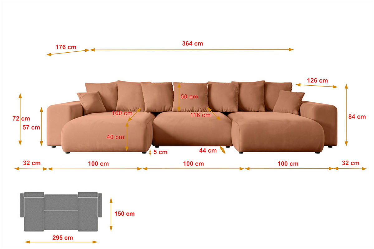 WOHNLANDSCHAFT mit Schlaffunktion ESKAR-U -364x176x84cm Koralle Velours - Koralle/Schwarz, Holzwerkstoff/Kunststoff (364/84/176cm) - ALTDECOR