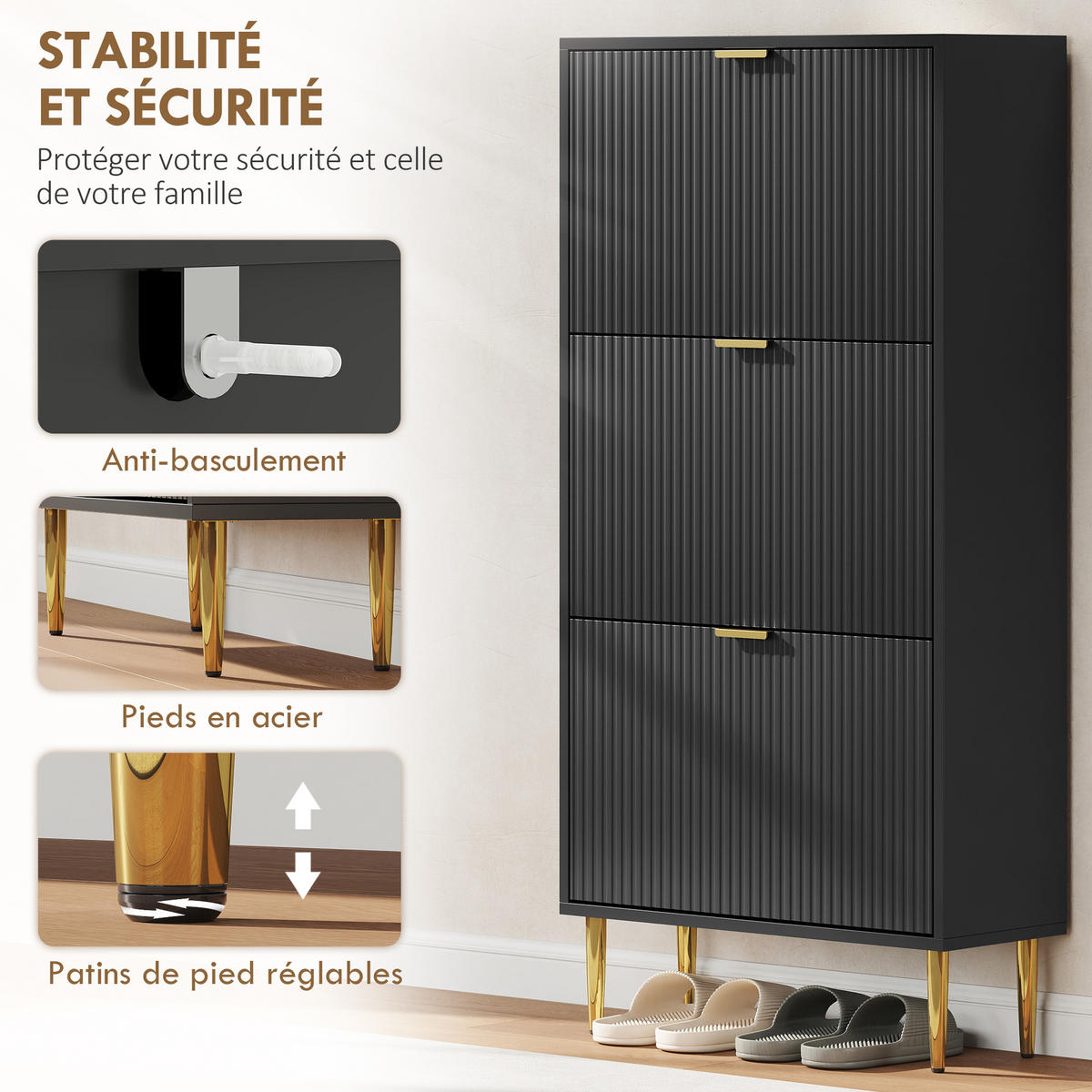 SCHUHSCHRANK Schwarz MDF und Stahl klappbar mit 3 Fächern 1 Stück - Schwarz, Holzwerkstoff (60/128/24cm) - PANGIVO