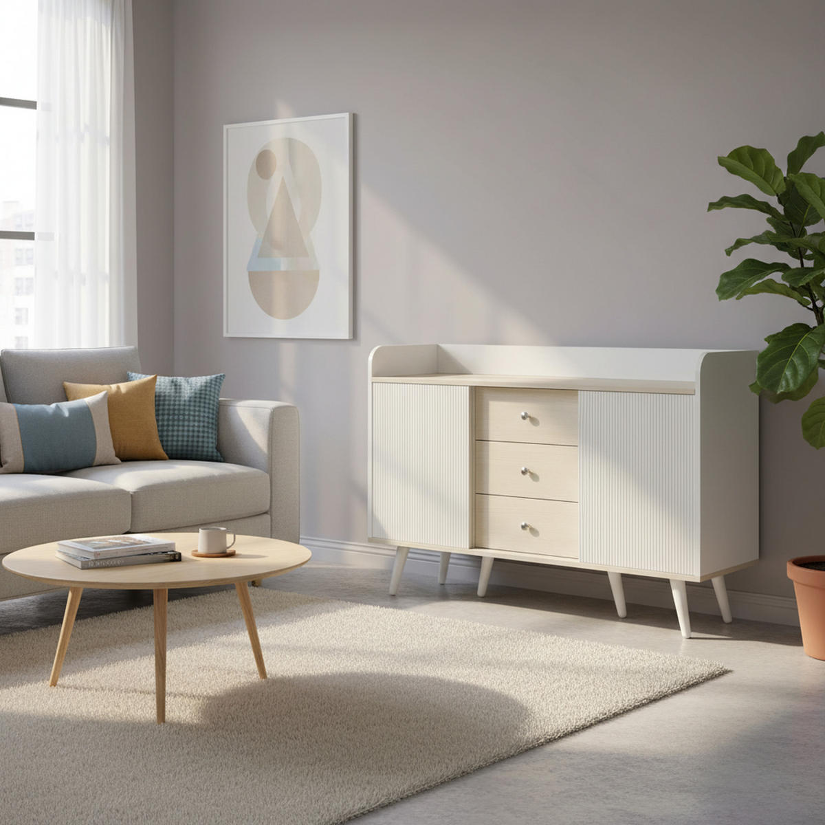 SIDEBOARD mit Schiebetüren & 3 Schubladen, Weiß und Holzoptik - Beige, Holzwerkstoff/Metall (117.5/79/39.5cm) - Urban Meuble