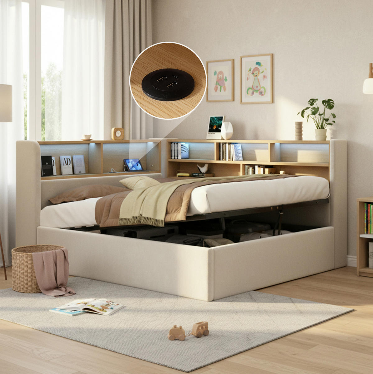 POLSTERBETT 140x190 cm in Beige mit hydraulischem Stauraum, LED-Beleuchtung und USB-C-Anschlüssen - Beige, Textil (140/190cm) - IVMEU