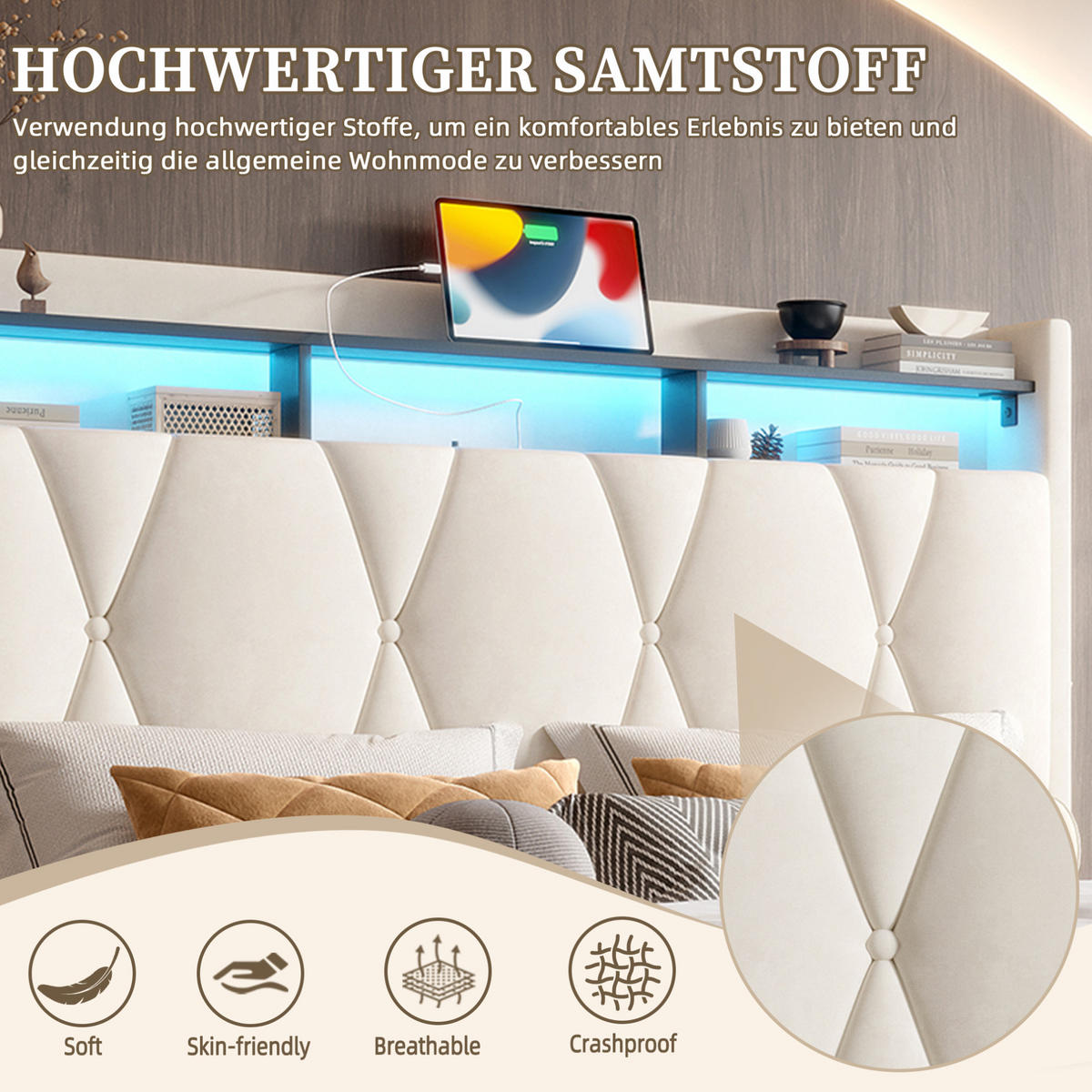 POLSTERBETT 140/200 cm in Beige aus Samt mit LED-Beleuchtung und Stauraum - Beige, Textil (140/200cm) - Flora Grace