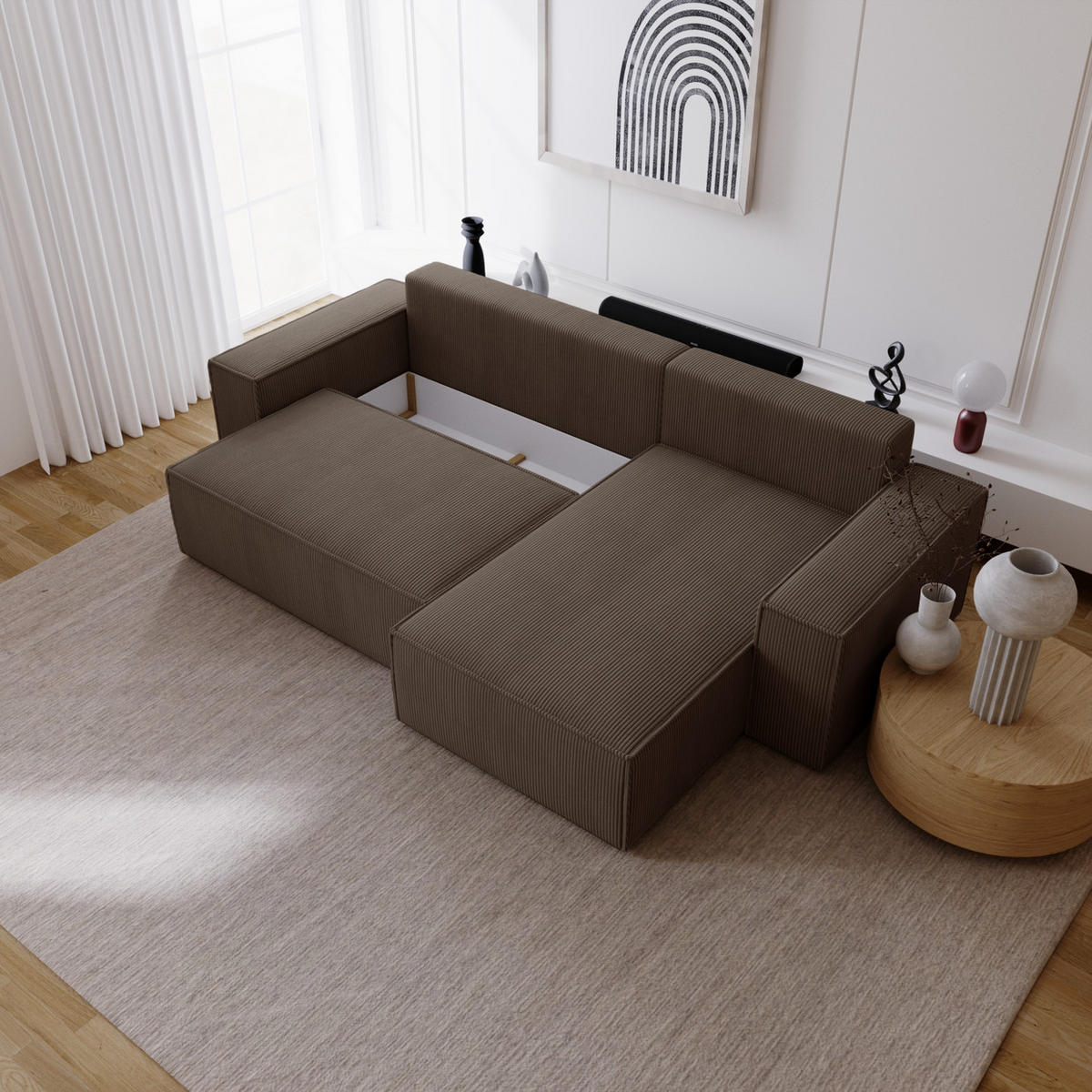 ECKSOFA Bergamo L mit Cordstoff, 280 cm, Schlaffunktion, Rechts - Braun - Braun, Holz (189/277cm) - Emporius