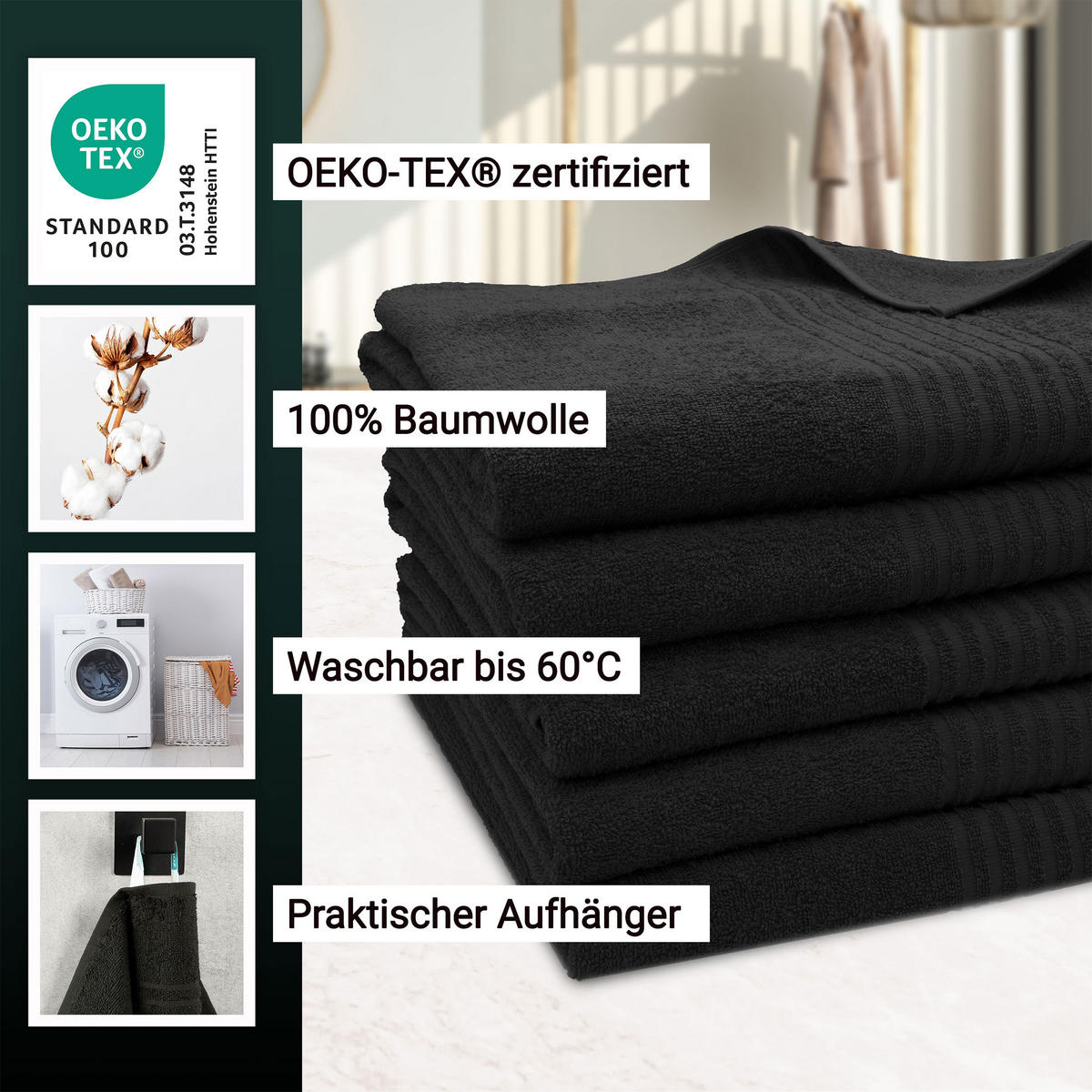 BADETUCH, 5er-Set, 100x150 cm, 100% Baumwolle, Schwarz - Schwarz, Textil (100/150cm) - Zollner