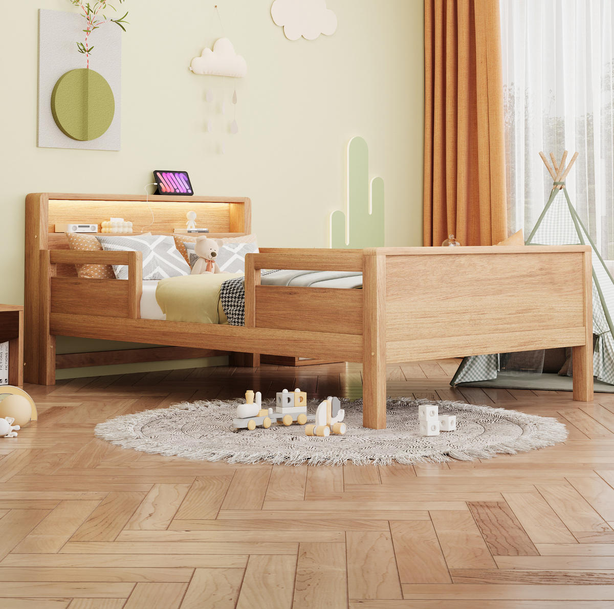 KINDERBETT 90x200 cm in Naturholz mit LED-Leuchte, USB- und Typ-C-Anschluss - Naturfarben, Holz (90/200cm) - IVMEU