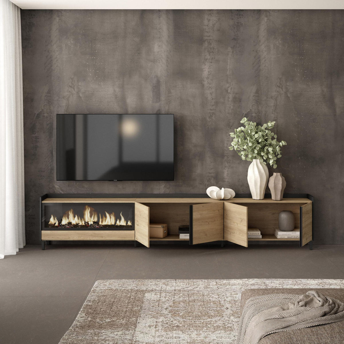 LOWBOARD, Eiche und Schwarz, 315/35/61cm, Kamin mit Feuereffekt XXL - Eichefarben, Holzwerkstoff (315/61/35cm) - Skraut Home