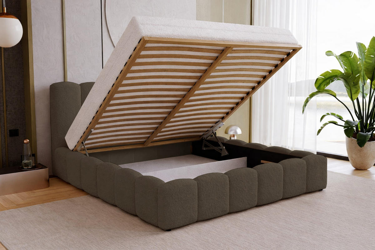 DOPPELBETT 160x200 Florent, Bettkasten, Boucle, Braun - Braun, Holz/Textil (160/200cm) - Emporius