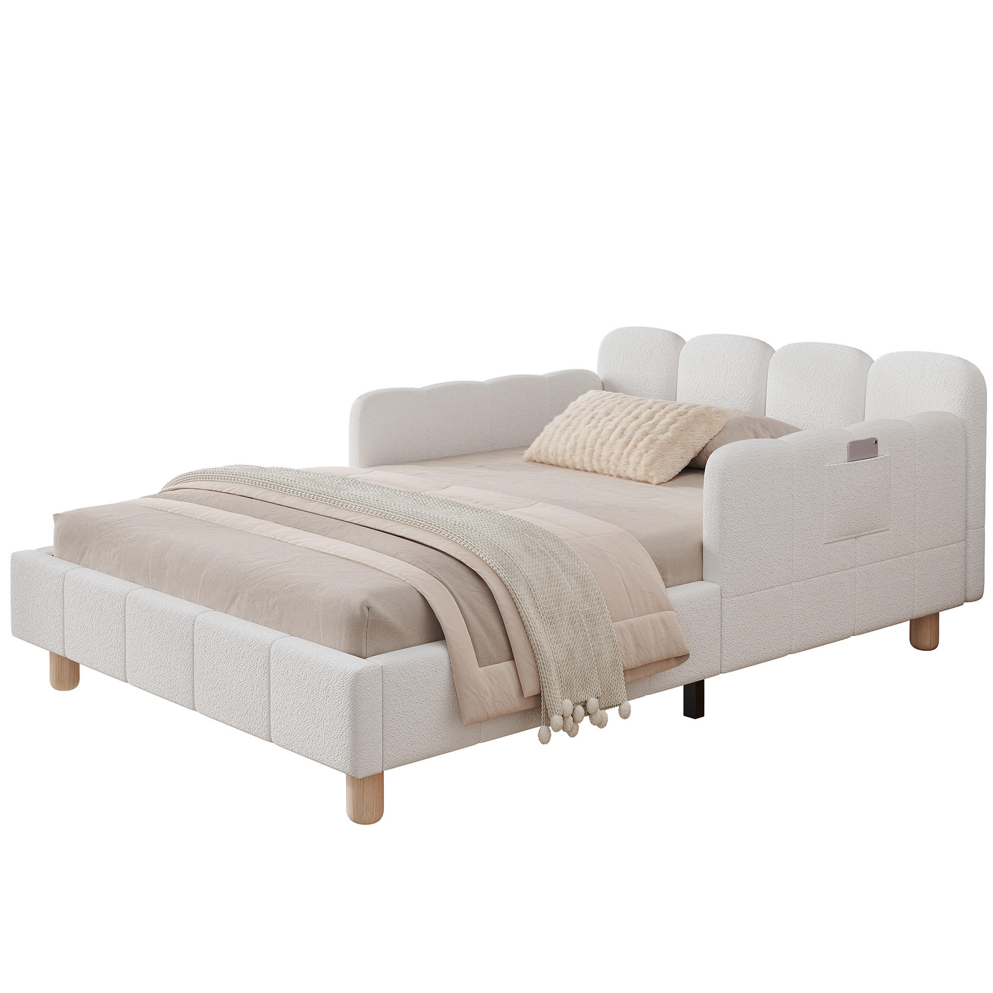 KINDERBETT 90/200 cm in Beige Stoff mit Rausfallschutz und Taschen - Beige, Holzwerkstoff/Textil (90/200cm) - WISHDOR