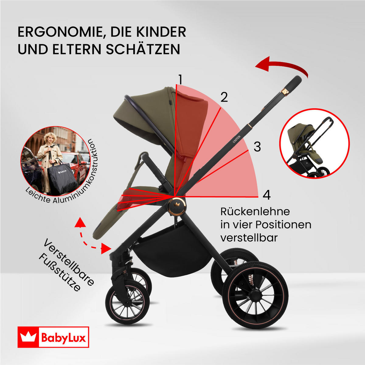 KINDERWAGEN Castor 4in1 Olive Babywanne, Reisebuggy, Autositz, Isofix Basis - Schwarz/Olivgrün, Textil/Metall (58/98cm) - BabyLux